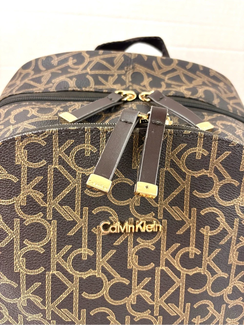 Calvin‎ Klein Elaine Signature Brown Monogram Key Item Flap Large Backpack
